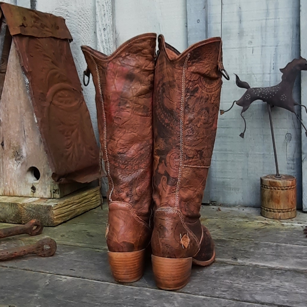GOLDMUD Leather Tattoo Pattern, Bought & Made In Portugal, Cowboy Boots